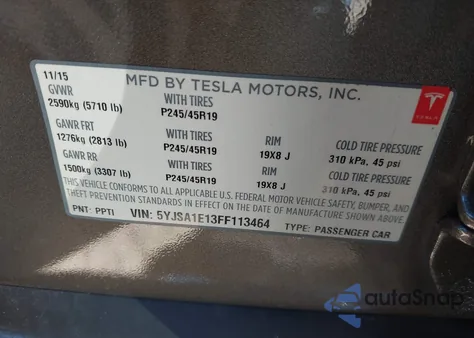 2015 Tesla Model S 60/70/85 z USA, uszkodzony, nr VIN 5YJSA1E13FF113464